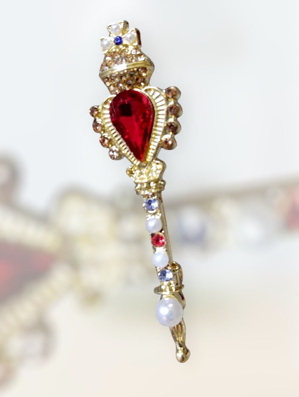 Gold-Tone Red Crystal Heart Drop Earring with Pearls